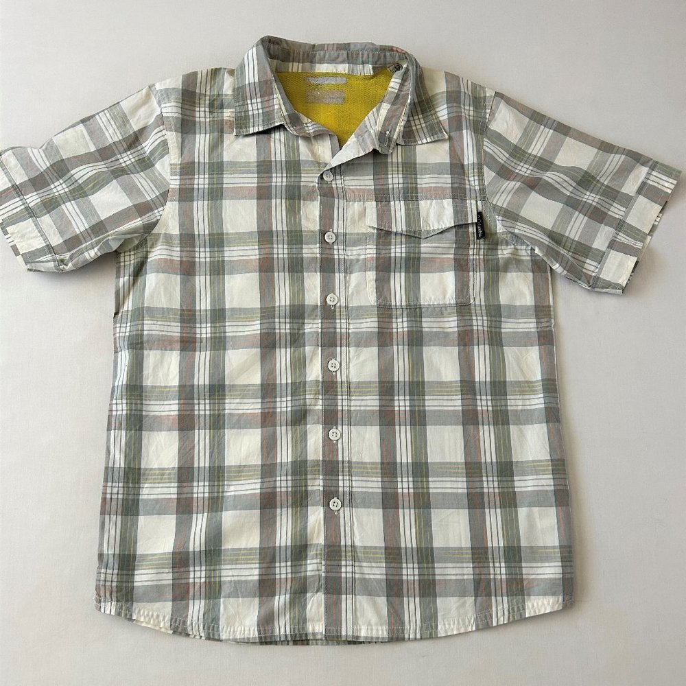 Columbia Men's Short Sleeve Taupe Plaid Coral & Yellow Accents Vented Back Med
